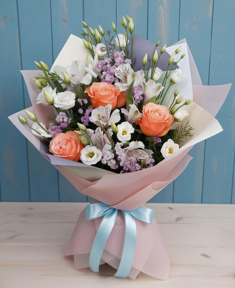 Букет цветов из: Лизиантусы, Розы, Альстромерии и Гипсофила в Симферополе